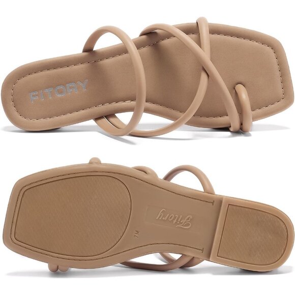 Women's All Tan Soft Flat Toe Ring Style Thongs Cross Strap Slide Sandals Shoes - Picture 3 of 6